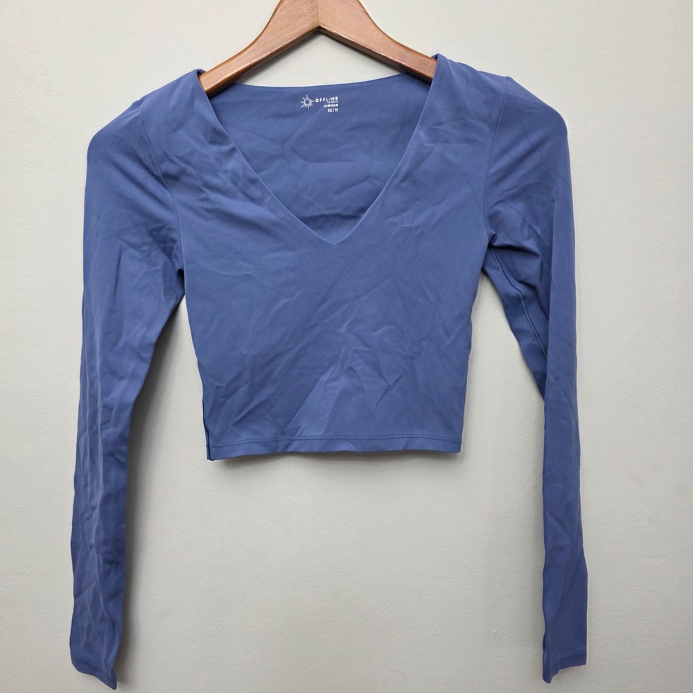 OFFLINE by Aerie Real Me V-Neck Long Sleeve Crop Top Blue XS 7537081108